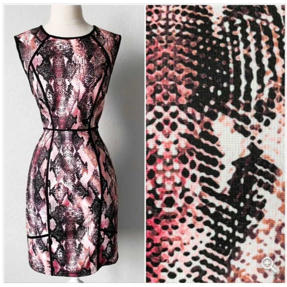 JENNIFER LOPEZ Pink Black Snake Print  Bodycon Dress (Womens 8) Sleeveless Zip